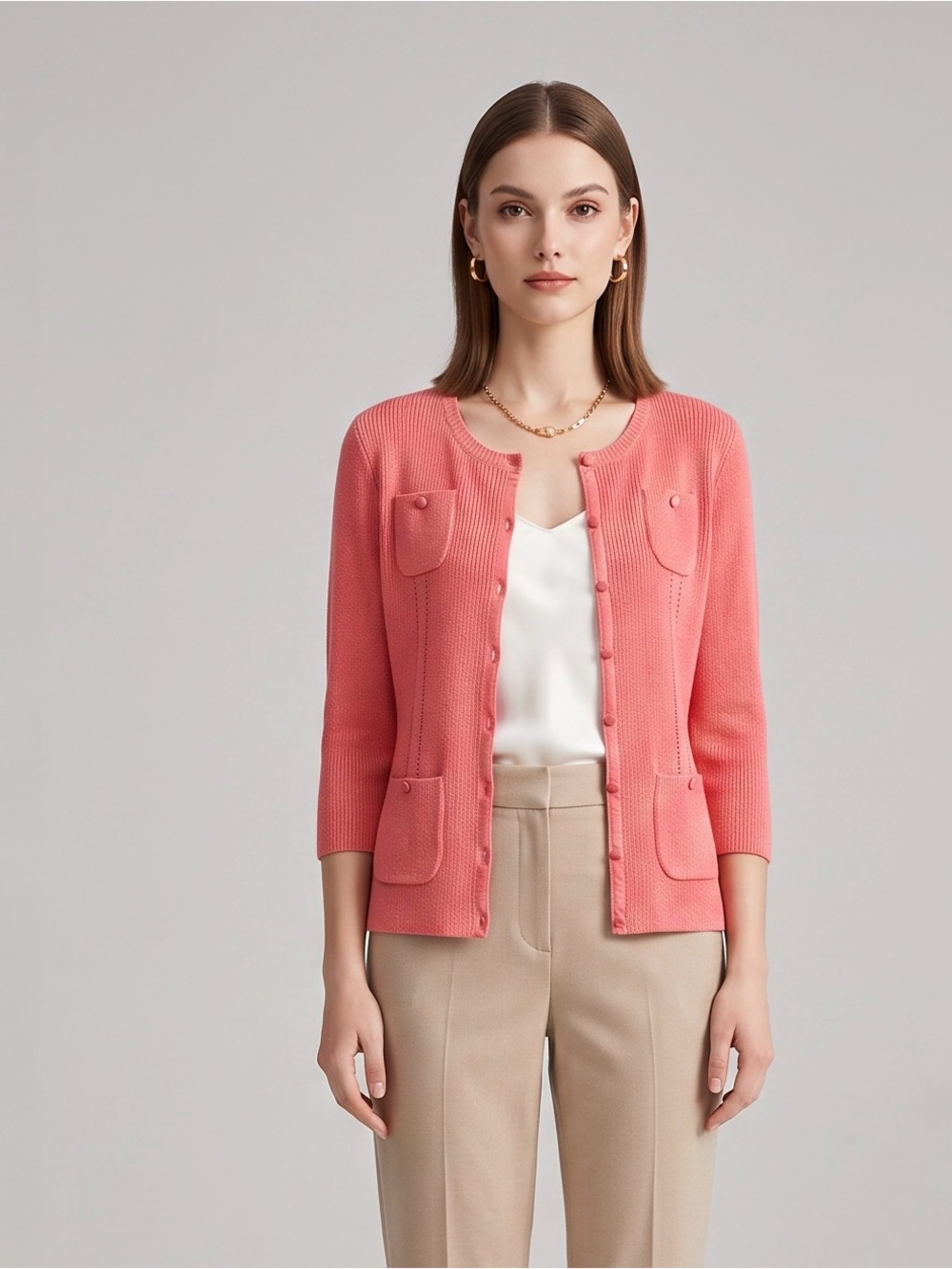 Sag Harbor Coral Button-Front Knit Cardigan